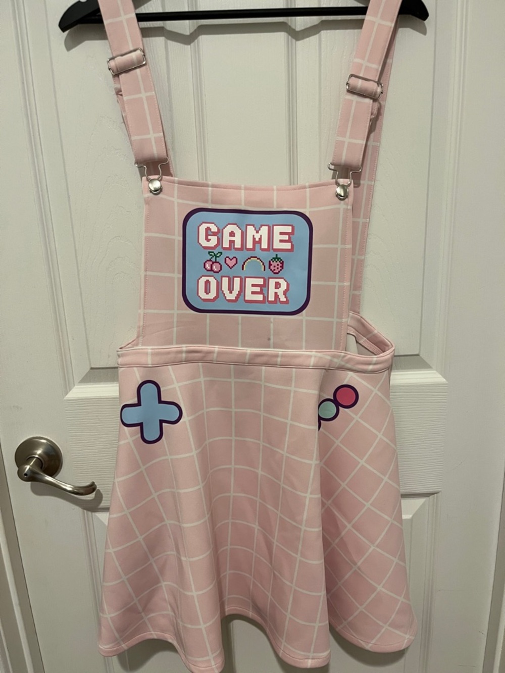 Pink 'Game Over' Plaid Skater Pinafore Dress
